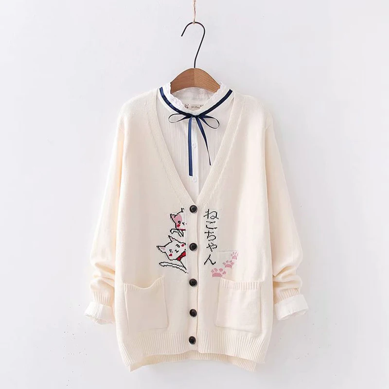 Japanese Kawaii Cardigan Girls Button-down Vintage Cute Cat Knitted Sweaters Women Winter Korean Fashion V Neck Knitwear Coat