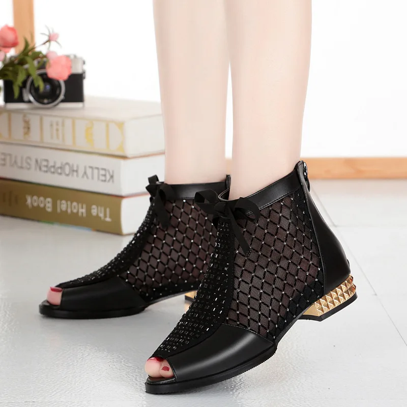 GKTINOO 2024 Spring Summer New Bow Genuine Leather Women Boots Hollow Mesh Ankle Boots Comfortable Low Heels Fashion Shoes