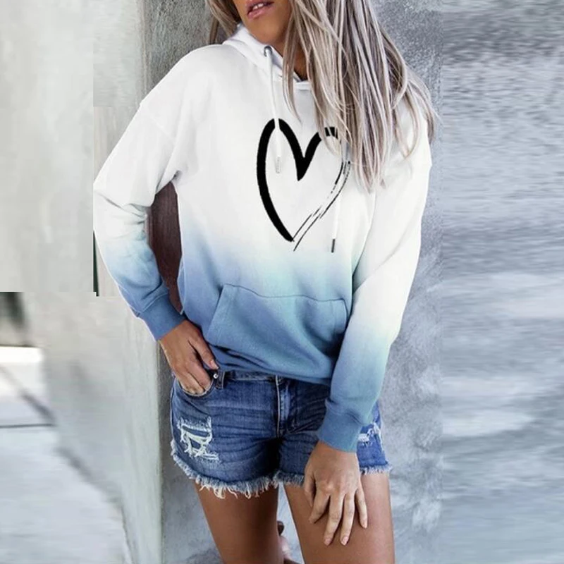 

Women's Sweatshirt Tops Pocket Hoodie Heart Shaped Gradient Hoodies Autumn Casual Print Long Sleeve Sweatshirt Fashion Tops