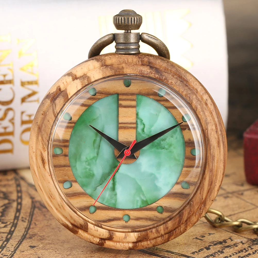 

Unique Wooden Quartz Pocket Watch Simple White Fashion Green Marbling Pattern Dial Light Brown Wooden Case Pendant Watch Clocks