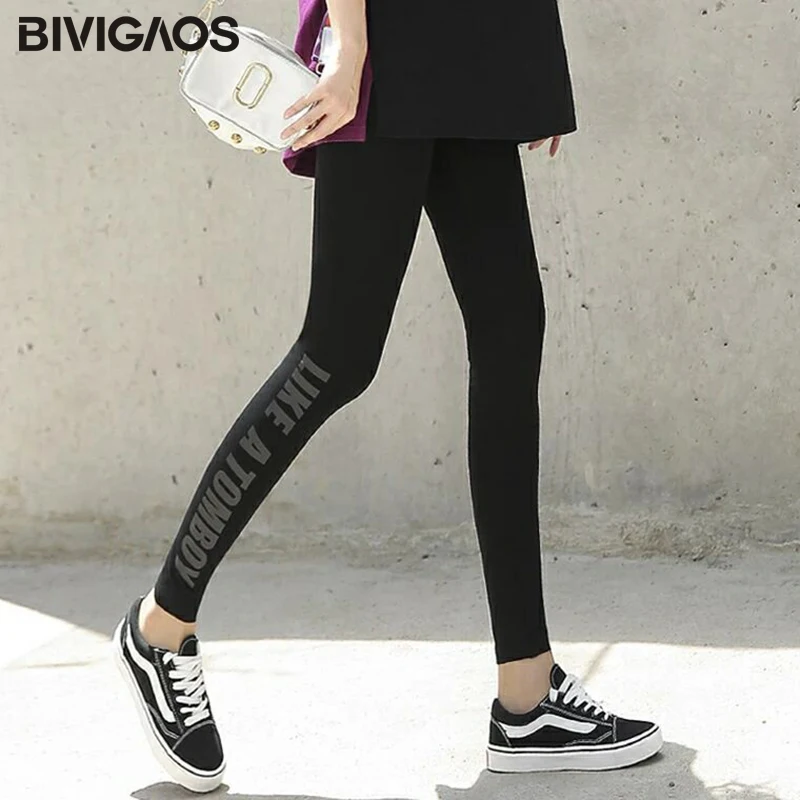 Bivigaos-calças legging femininas para treino, primavera, de algodão, com letras laterais, impressas, casual, esportiva, fitness