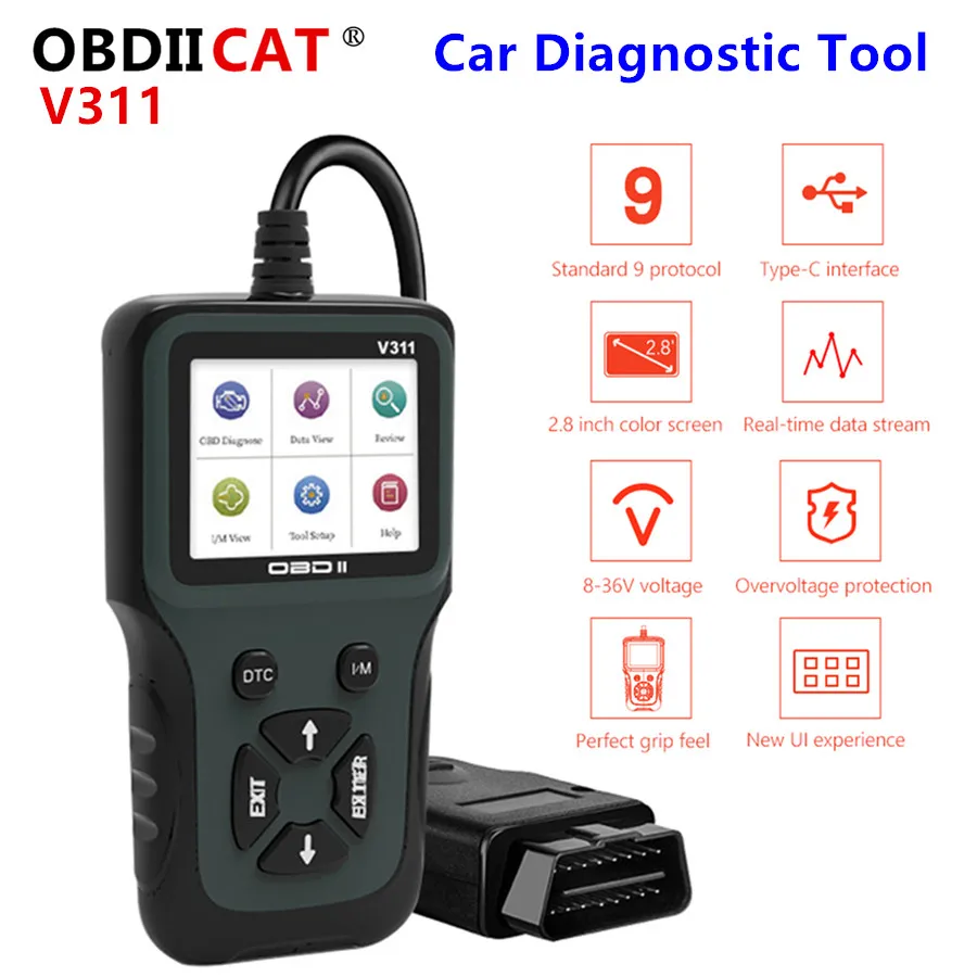 

OBDIICAT-V311 OBD2 сканер автоматический считыватель кодов автомобильный диагностический инструмент ручной 4-язычный сканер с цветным ЖК-дисплеем с подсветкой