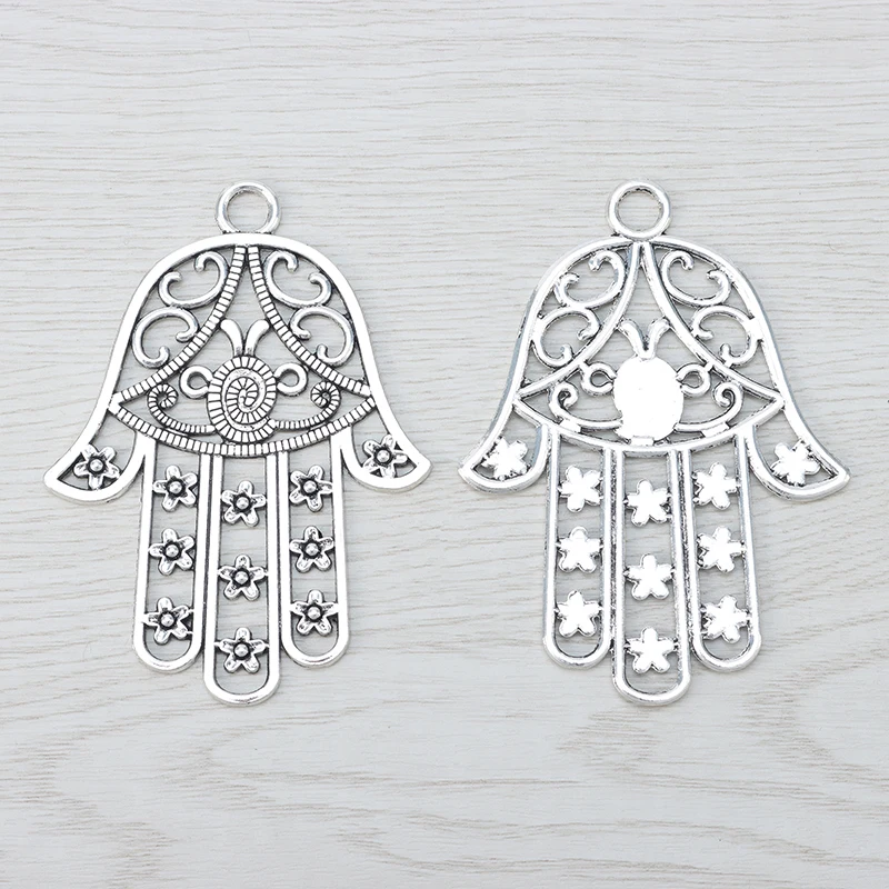 3 x Antique Silver Color Bohemia Large Hamsa Hand with Flower Detail Charms Pendants for Necklace Jewelry Making 85x62mm