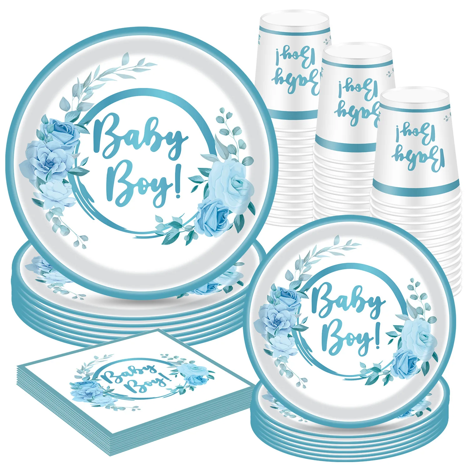 

Baby Shower Party Supplies for Boy Serve 10 Including Plates Cups Napkins and Banner Disposable Babyshower Tableware Set