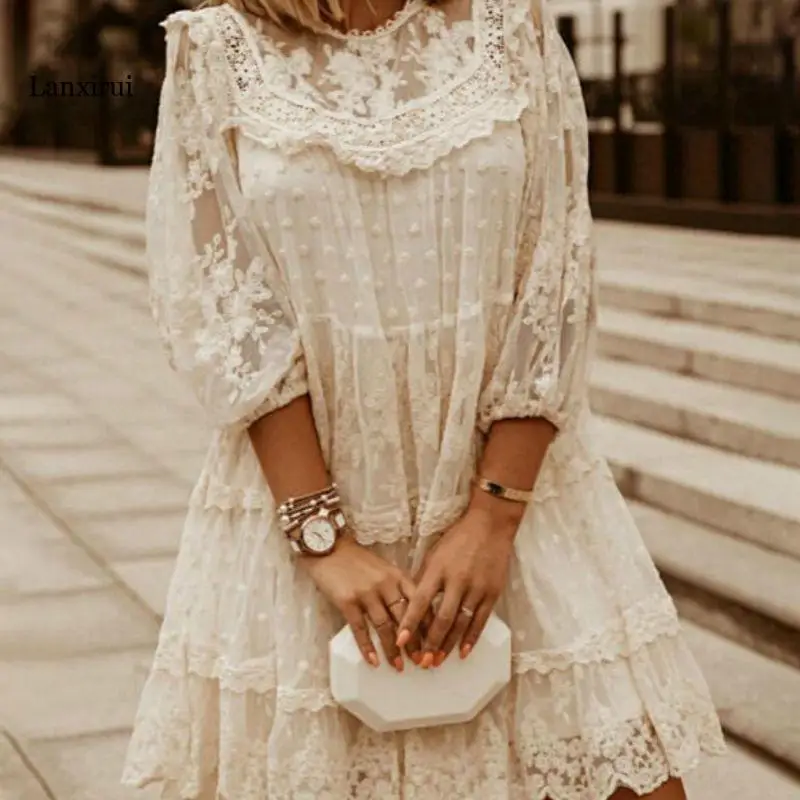 Lace Dress Women's Summer Sundress Fashion Three Quarter Sleeve Female Hollow Cotton Pullover Dresses Beach Clothing