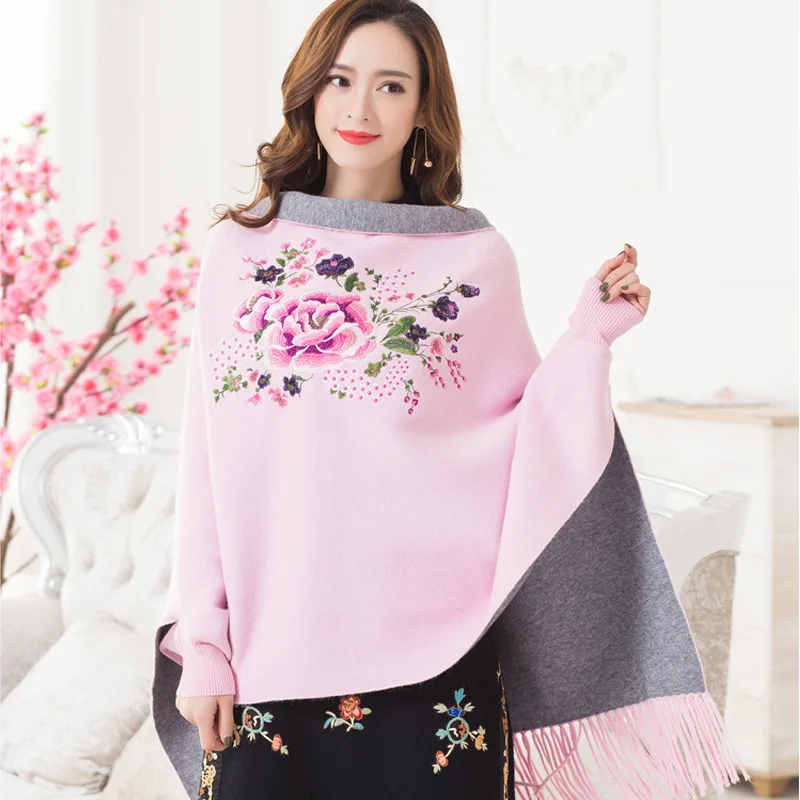 Women New Autumn Winter Cashmere Pashmina Scarves Retro Embroider Flower Fringed Shawl Long Sleeve Knitted Coat Poncho Capes