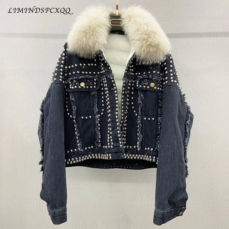 2021 New Short Down Denim Jacket Women\'s Detachable Liner Style Oversized Real Fur Collar Rivet Coat Female Coat Chaqueta Mujer