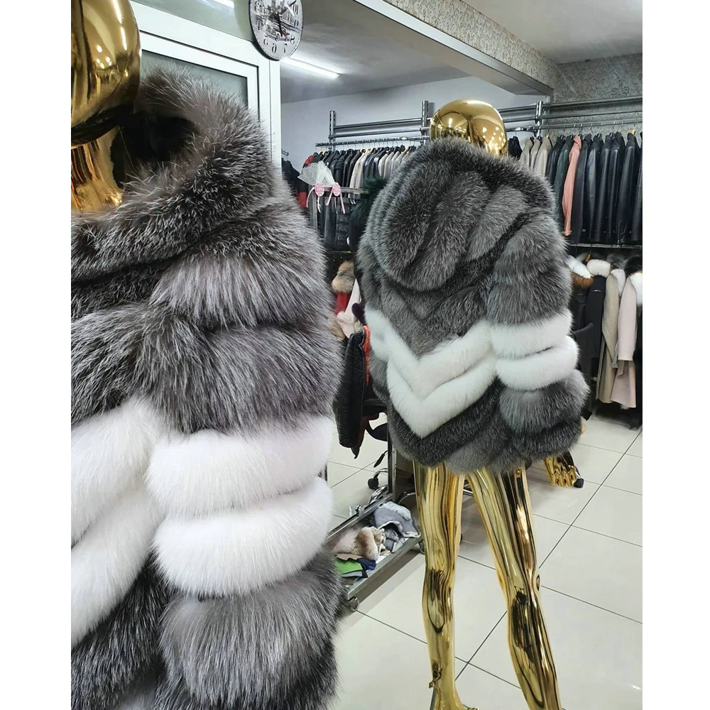 Mid-length Real Fox Fur Coat for Women Winter Outwear New Trendy Genuine Fox Fur Jacket with Hood Thick Warm Fur Overcoats