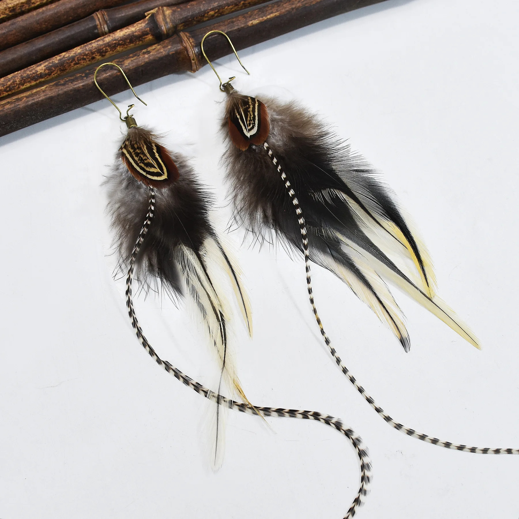 Bohemian Ethnic Style Zebra Pattern Pure Natural Feather Long Earrings Fashion Geometric Feather Tassel Earrings Jewelry