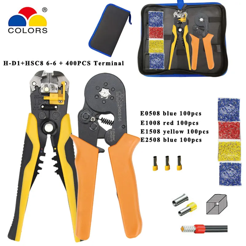 

Crimping tools pliers electrical tubular terminals box mini clamp HSC8 6-6 0.25-6mm2 16-4 tools sets with 400pcs terminal box