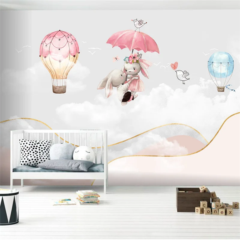 

wellyu Custom mural modern nordic cartoon hand-painted rabbit hot air balloon children's room background wall paper