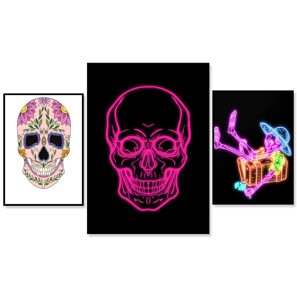 Sugar skull poster colorful creativity, neon skull cheering poster, neon skeleton wall art, Halloween decoration canvas printing