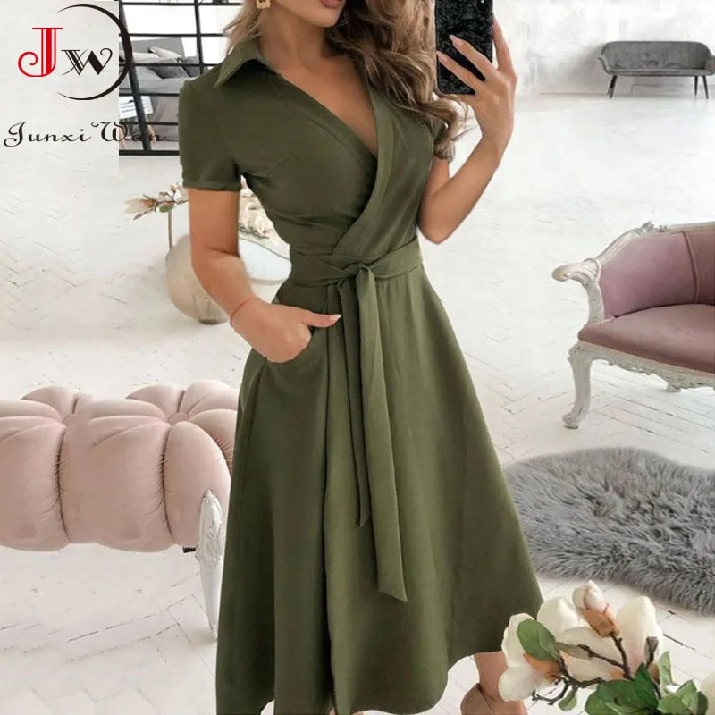 

Women Summer Long Dress Short Sleeve V Neck Solid Vintage Elegant Chic Shirt Dress With Belt Office Ladies Party Sundress