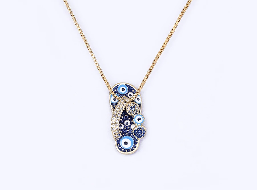 Nidin Mirco Pave CZ Rhinestone Enamel Slipper Pendant For Women Blue Evil Eye Necklace Chain Gold Plated Party Summer Jewelry