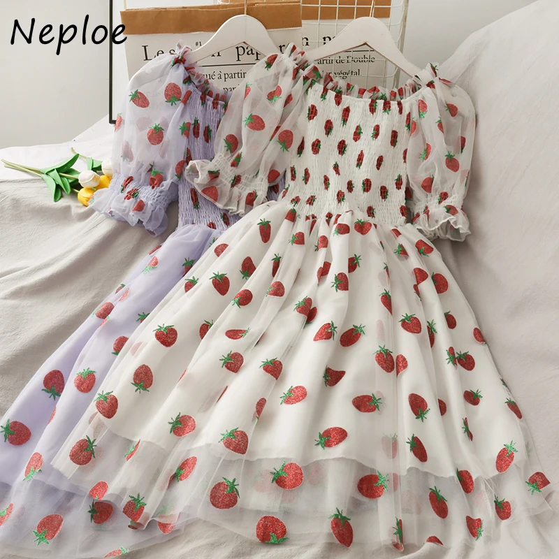 Neploe Bling Sequined Strawberry Print Women Dress High Waist Mesh Patchwork Dresses 2024 Sweet Cute Slash Neck Vestidos