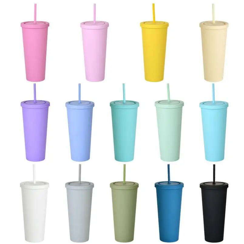 22oz Sippy Cups Tumbler Acrylic Cups Double Wall Insulated Matte Plastic Tumbler Sport Bottle With Cleaner Straws Vaso