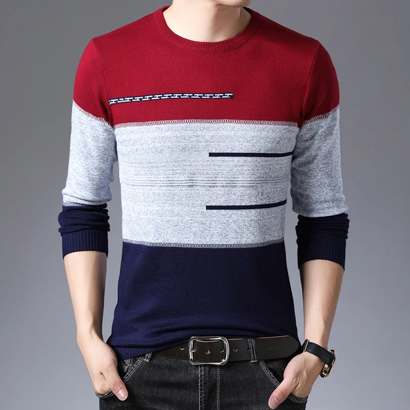 

2023 Autumn Winter Pullover Men Round Collar Striped Cotton Christmas Sweaters Slim Fit Pull Homme Knitwear