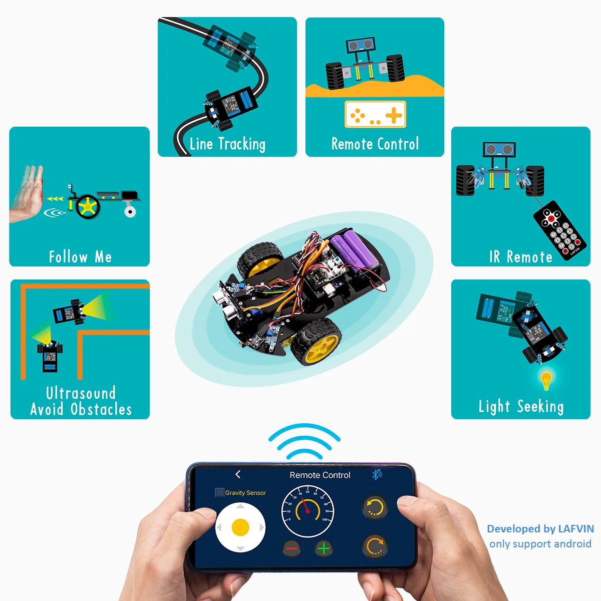 LAFVIN-Robot inteligente para Arduino 2WD, Kit de chasis mejorado V2.0, STEM, programación gráfica, con Tutorial