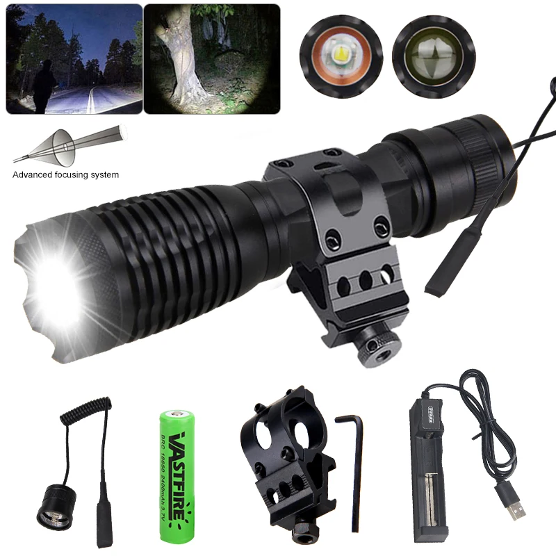 C8s Zoomable Hunting Flashlight Tactical LED White Weapon Gun Light+45° Rifle Scope Mount+Remote Switch+18650+Charger