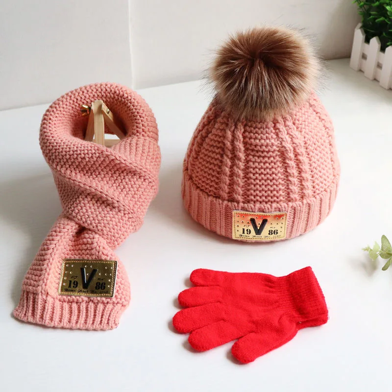 Three-piece autumn/winter children wool wool hat scarf gloves boys and girls baby knitting warm baby jumper hat trend