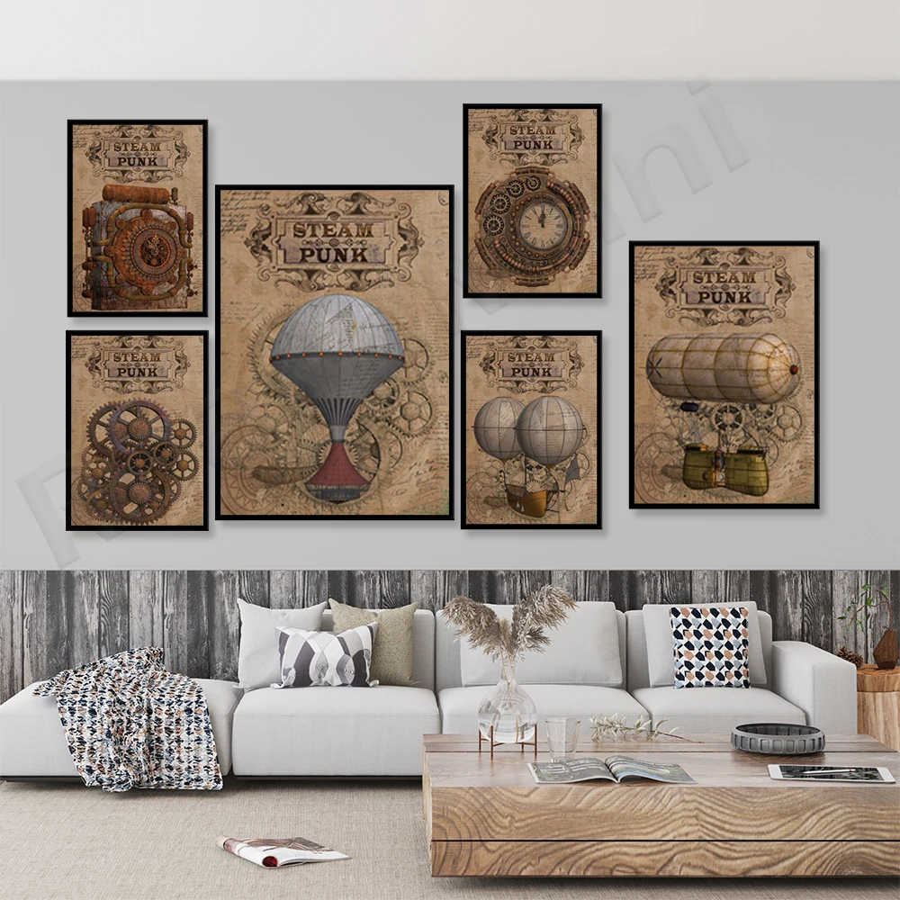 

Art Poster Printmaking Industrial Fantasy Clock Gear Hot Air Balloon, Vintage Victorian Style Printmaking Wall Art Deco Poster