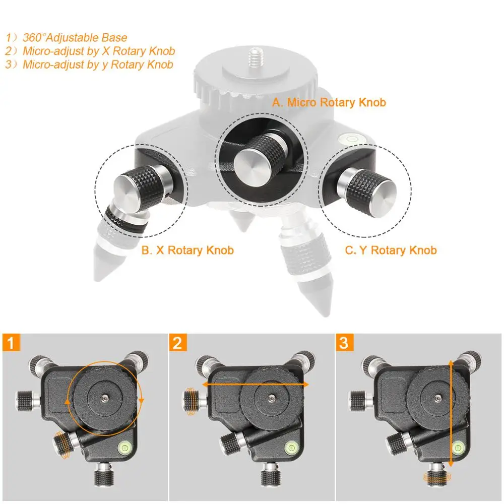 Huepar 360-Degree Turning Rotating Micro-adjust Fine Turning Pivoting Base for Laser Level Tripod Connector 1/4 Threaded Mount