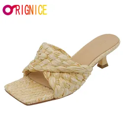 Orignice Summer Violet Raffia Woven Mid Heels Sandals Slippers Brand Design Square Peep Toe All Match Street Ladies Party Shoes