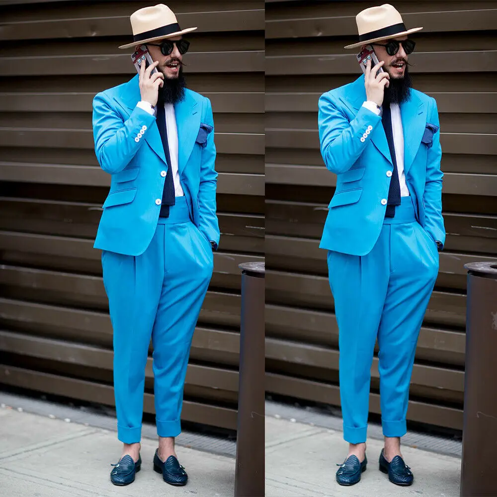 Handsome Blue Wedding Tuxedos 2 Pieces Two Button Peaked Lapel Groom Wear Party Prom Best Men Blazer Suit(Jacket+Pants)