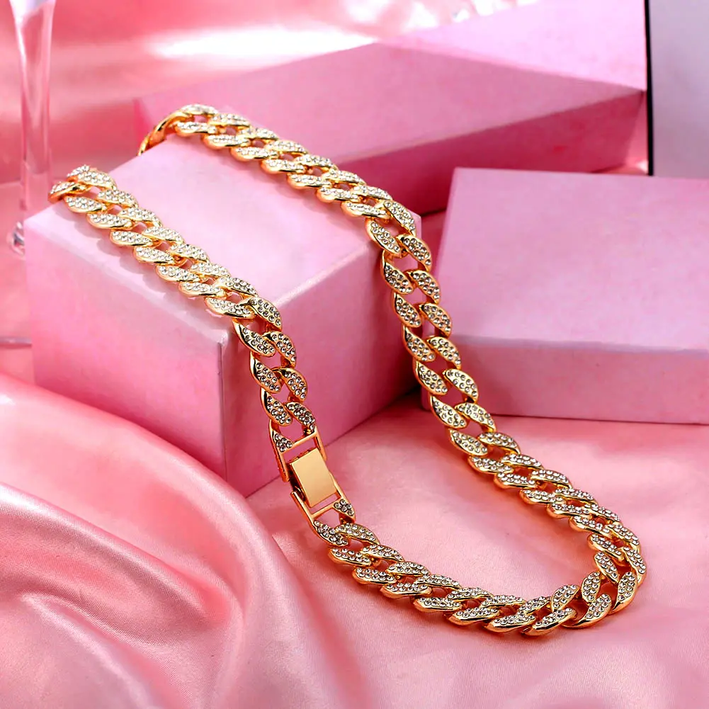 Hip Hop Paved Rhinestones Miami Cuban Chain Necklace For Women Men Bling Gold Silver Color 3 Size Cuban Collar Necklaces Jewelry