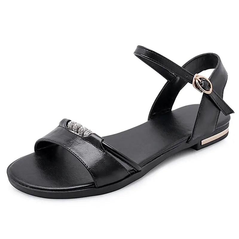 Lasyarrow 2020 Women Sandals Flat Heel Champagne Cow Leather+PU Round Open-toed Buckle Leisure Soft-soled Shoes Summer Size 43