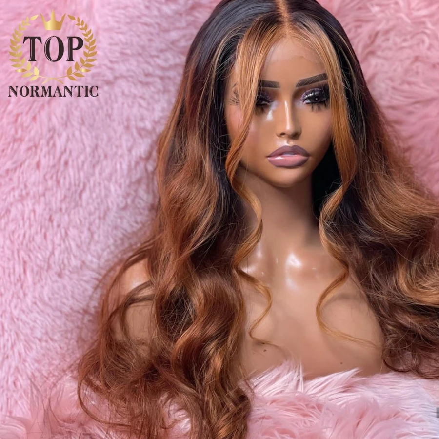 Topnormantic-peluca ondulada con encaje frontal para mujer, cabello humano indio Remy, Color marrón, predesplumada, 13x6