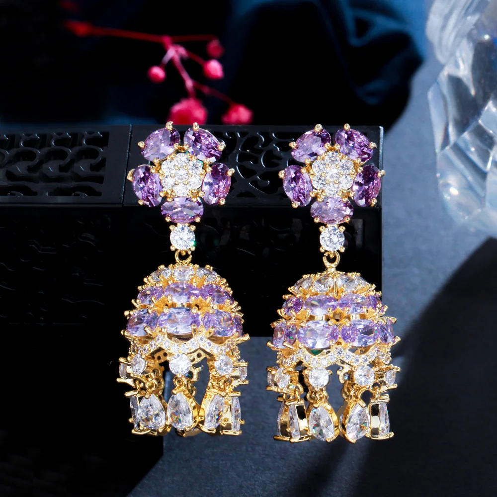 CWWZircons Luxury Purple Cubic Zirconia Indian Gold Plated Gypsy Bell Dangly Drop Long Earrings for Women Party Costume CZ994