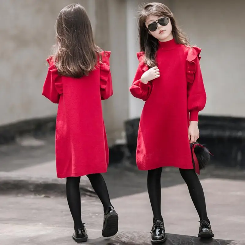 2024 autumn spring Child lace Kid Girls Clothes Red Knitted Ruffles Teenager Long Sleeve Sweater Dress 7 8 9 10 11 12 13 14 Year