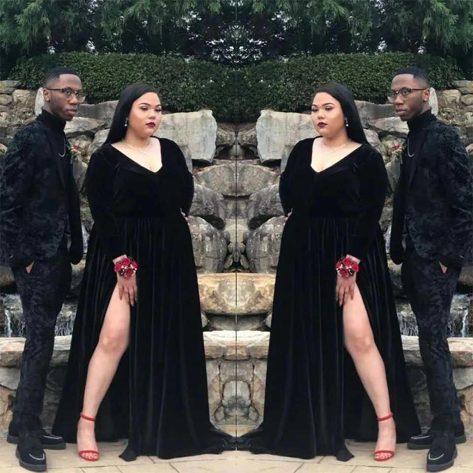 

New Black V-Neck Long Sleeve A Line Evening Dresses Plus Size Prom Party Gown Formal Dress Custom Thigh-High Slits