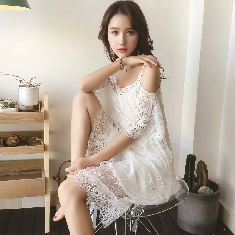 

Fairy Goddess Long Dress Sexy Suspenders Nightgown Lovely Spring And Autumn Aesthetic Eyelash Lace Princess Sleepwear Home Dress