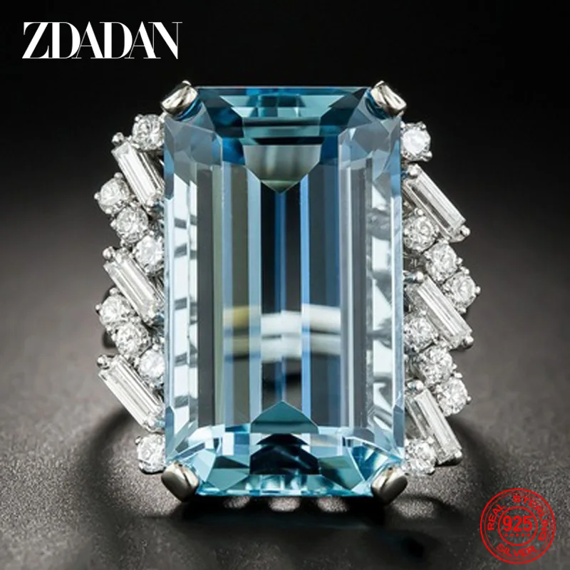 ZDADAN 925 Sterling Silver Charm Square Aquamarine Ring For Women Fashion Wedding Jewelry Gift