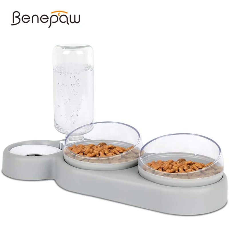 Benepaw Three Pet Bowl Set Non Slip 15°Tilt 360° Rotatable Double Food Bowl Automatic Water Bottle For Small Medium Dogs Cat