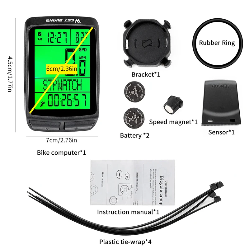 WEST BIKING Wireless Bicycle Computer LED Waterproof 5 Language Cycling Bike Odometer Stopwatch Speedometer 2.3in Bike Computer