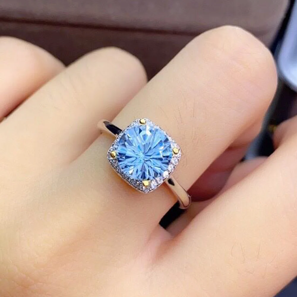 Two Tone Plated 925 Sterling Silver Round Fireworks Cut Natural Blue Topaz Engagement Ring For Women Gift