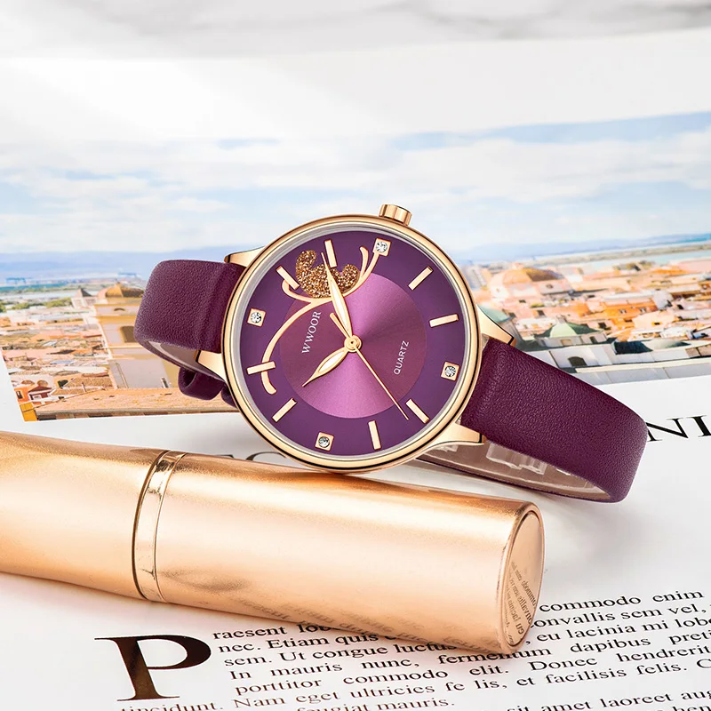 WWOOR New Womens Fashion Purple Watch Top Brand Luxury Leather Small Watch For Ladies Dress Wrist Watches Clock Relogio Feminino