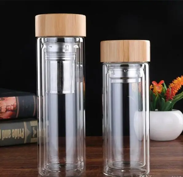 

Bamboo Cover Water Bottles With Tea Infuser Filter Vacuum Cups Layer Anti Scald Glass Bottle For Outdoorl Carry Two Size