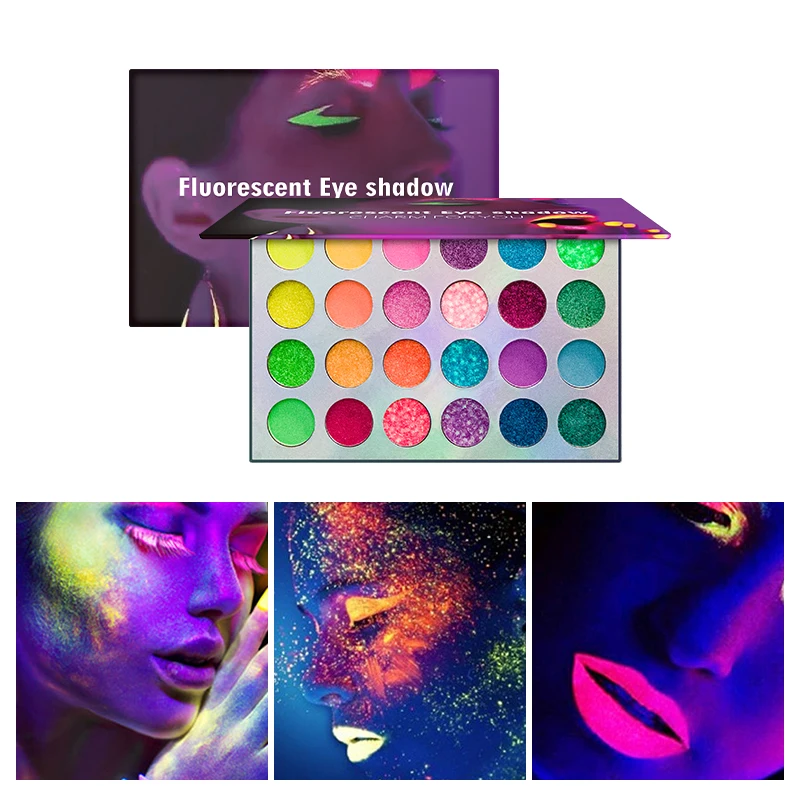 Blacklight UV Glow in Dark Fluorescent Eyeshadow Palette Stage Clubbing Neon Makeup Palette 24Colors Pigment Luminous Eye Shadow