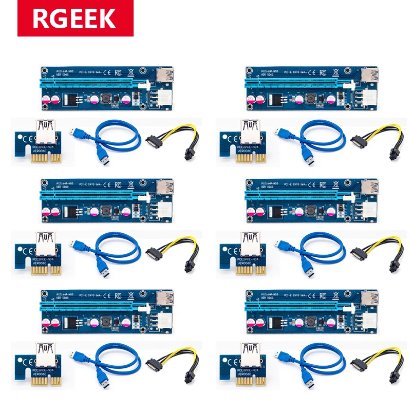 RGEEK 6pcs Golden VER009 USB 3.0 PCI-E pcie Riser VER 009S Express 1X 4x 8x 16x Extender Riser Adapter Card SATA