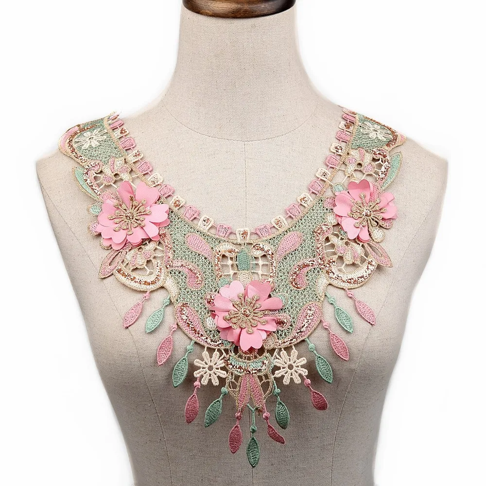 5pc Gold Pink Greeen 3d Vintage Embroidery Flower Collar Venise Lace Sewing Applique Fabric Patches For Clothing Ancient