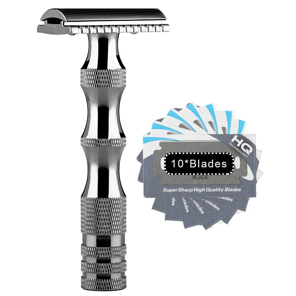 Safety Razor, Aluminum Alloy Frosting Anti-skidding Handle Double Edge Shaving Razor for Men Manual Shaving with 10pcs Blades