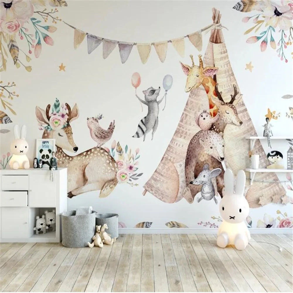 Milofi professional 3D large wallpaper mural Nordic modern minimalist hand-painted cute animal children\'s room background wall