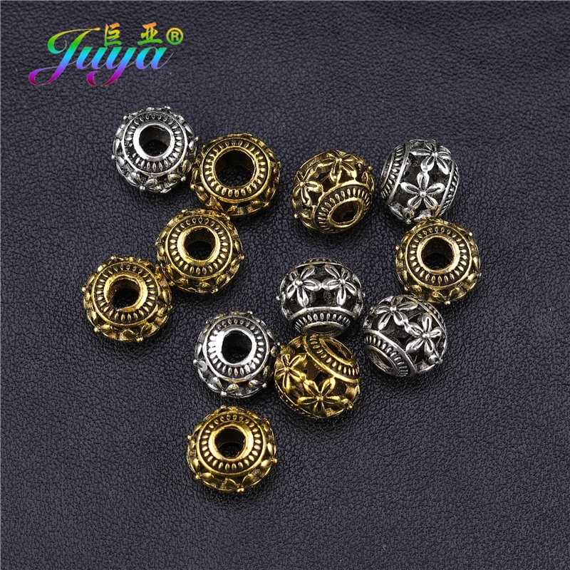 Juya 20Pcs/Lot Wholesale DIY Natural Stones Beadwork Making 10mm Hollow Antique Gold Silver Plated Flower Charm Beads Supplies
