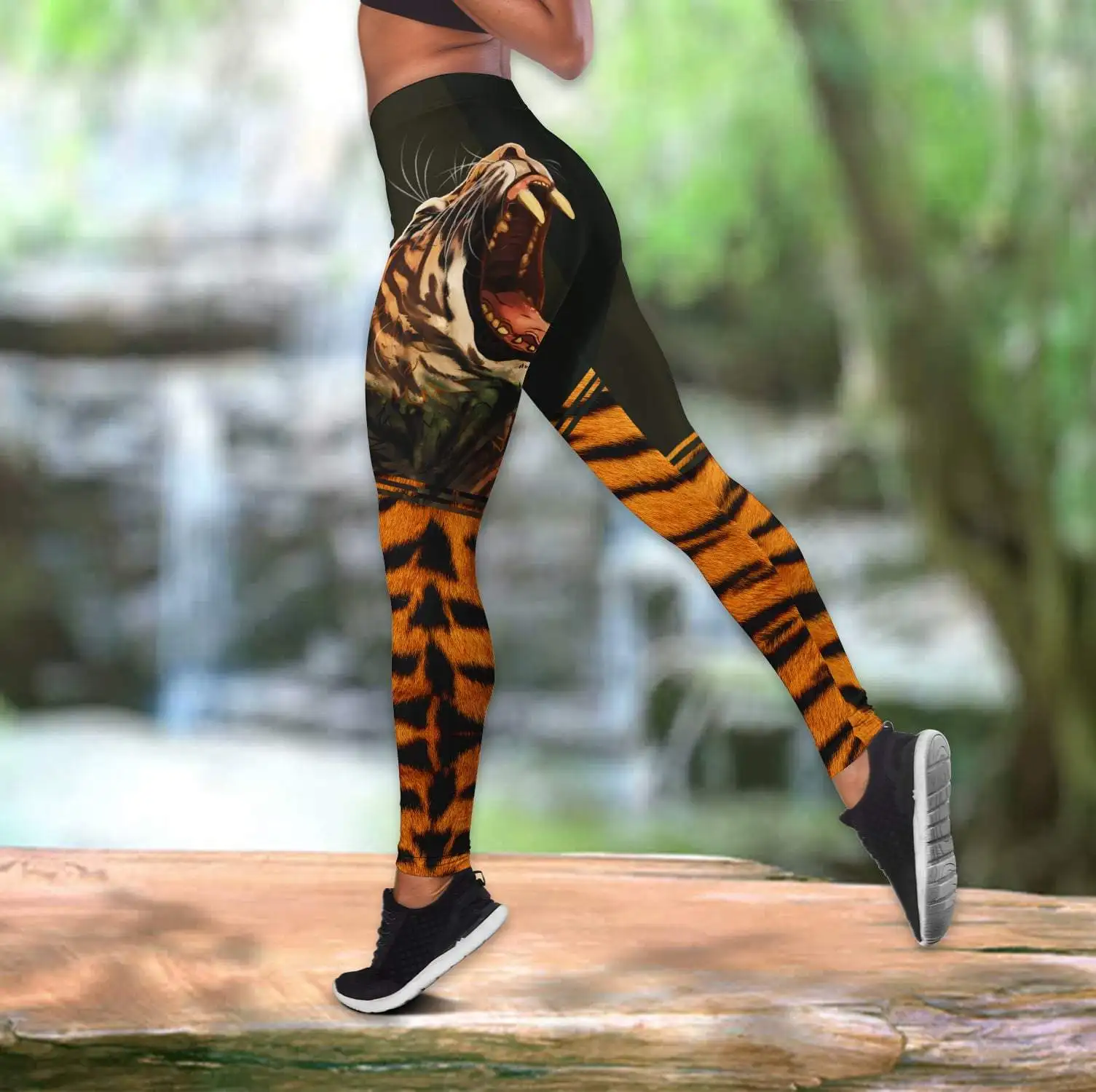 Potente camiseta sin mangas hueca con estampado 3D de tigre gritando y conjunto de mallas deportivas para mujer, mallas de longitud completa, pantalones para correr DDK61