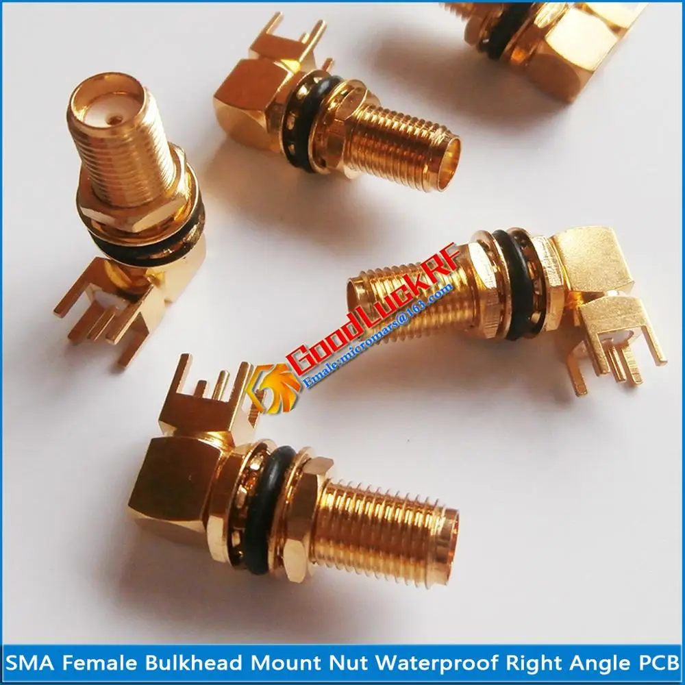 10X Pcs New RF SMA Female Jack Waterproof O-ring Bulkhead Panel Mount Nut 90 Degree Right Angle Solder Square PCB Brass GOLD