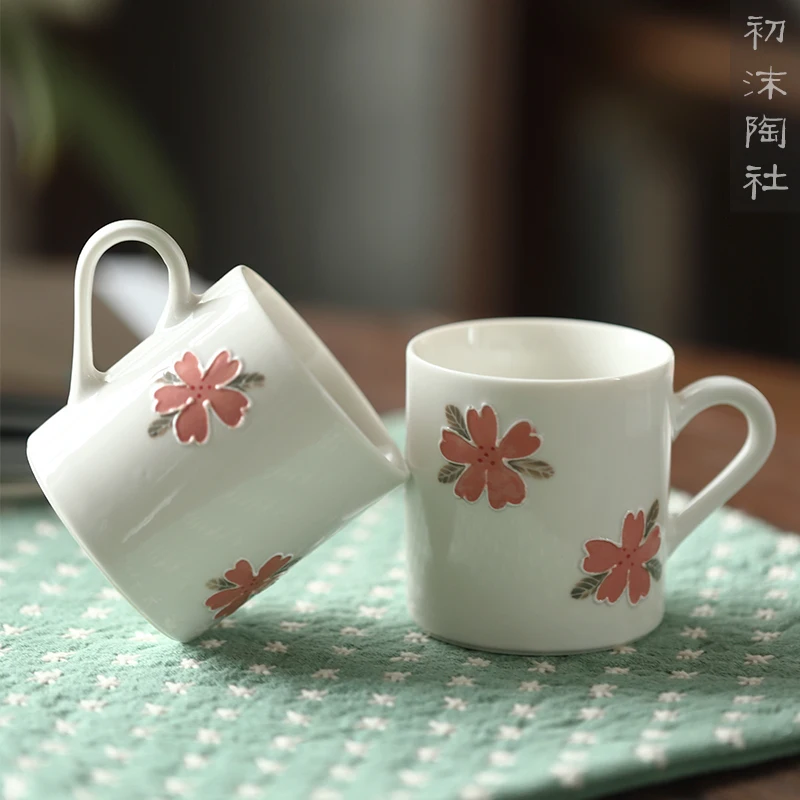 

★Керамические кружки Jingdezhen из раннего стекла и пенопласта, Японская Чашка для молока, чашка с цветами миндаля, резная оригинальная чашка, чайный набор